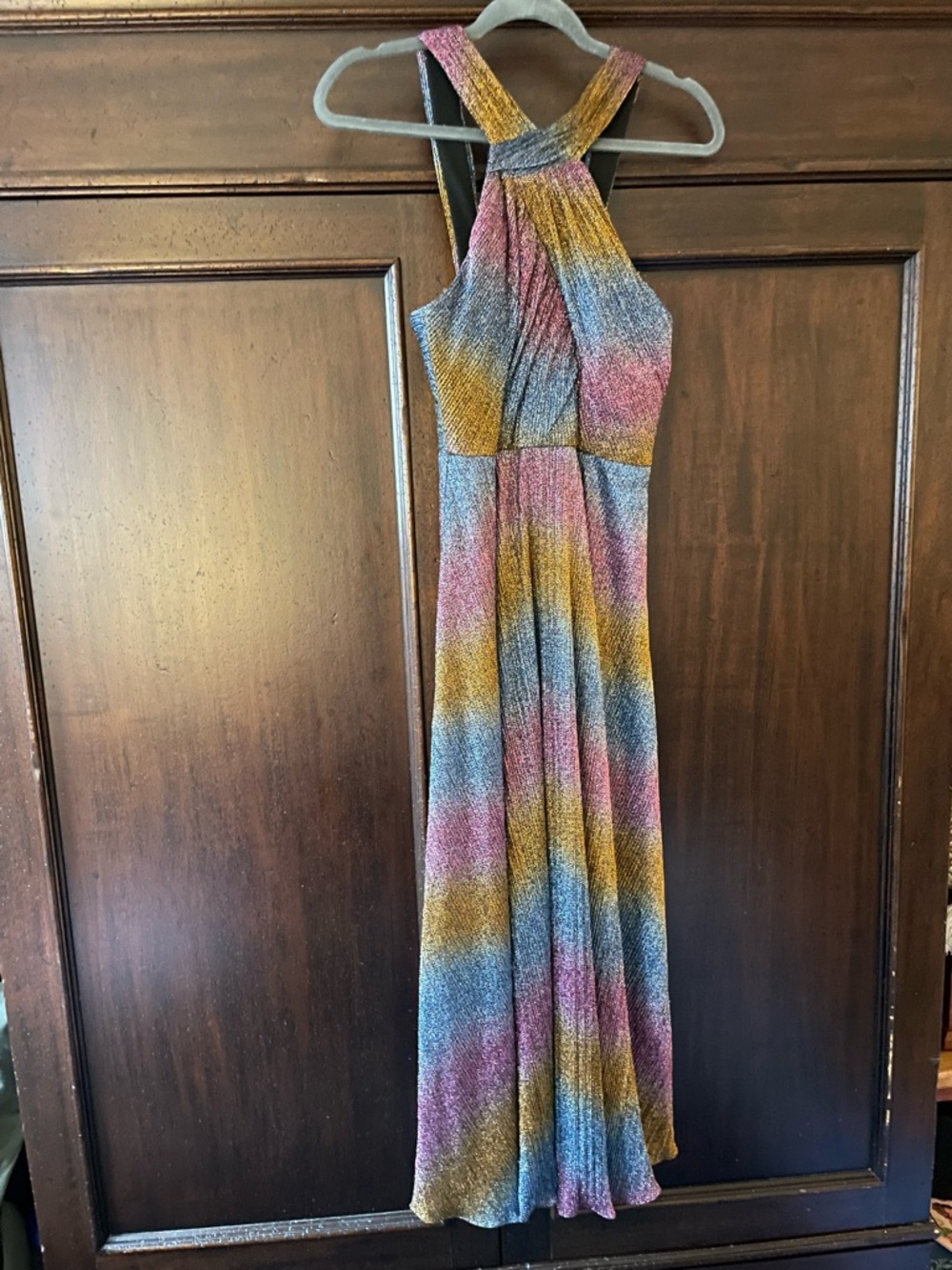 Monique Lhuillier Metallic Striped Halter Maxi Dress in Pink, Blue, Gold